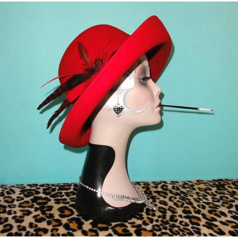 Vintage Scala Red Wool Cloche Hat w/ Feathers upturn brim church hat pinup retro